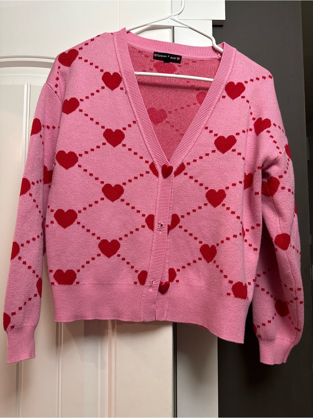 Forever 21 Pink and Red Heart-Print V-Neck Cardigan